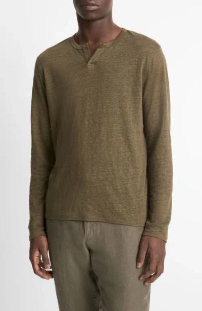 Vince Notch Neck Long Sleeve Slub Linen T-shirt In Olive Leaf