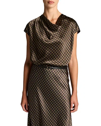 Vince Ombre Plaid Cowl Neck Silk Top In Brown