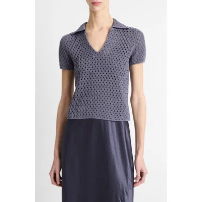 Vince Open Stitch Cotton Johnny Collar Sweater In Mauve Thistle