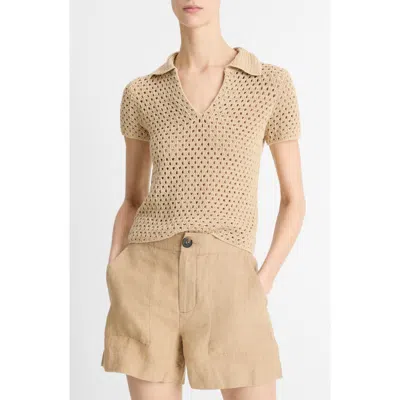 Vince Open Stitch Cotton Johnny Collar Sweater In Pale Nut