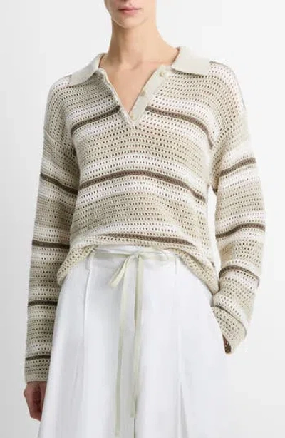 VINCE VINCE OPEN STITCH STRIPE POLO SWEATER