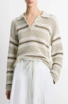 Vince Mesh Stripe Button Polo Top In White Stone Combo
