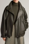 Vince Oversize Leather Biker Jacket In Deep Forest