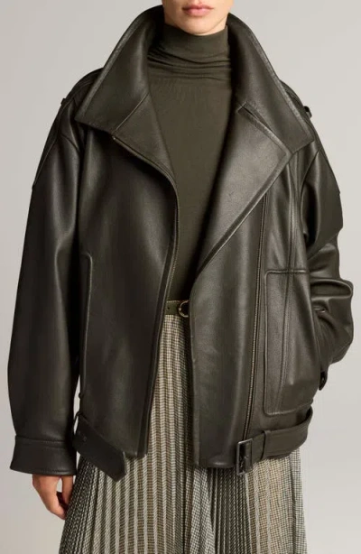 Vince Oversize Leather Biker Jacket In Deep Forest