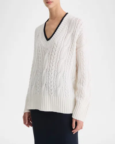 Vince Oversized Cable-knit Deep V Sweater In Off Whitecoastal