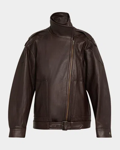Vince Oversized Leather Aviator Jacket In Brown