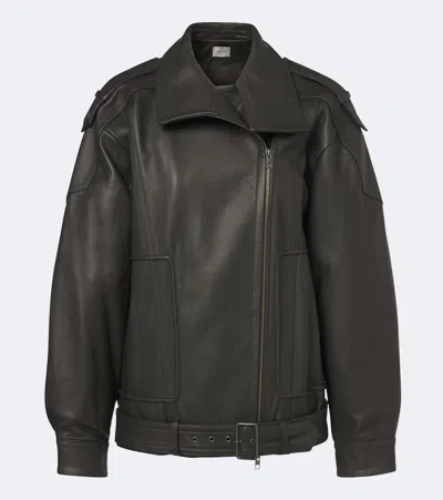 Vince Oversized Leather Biker Jacket In Gray