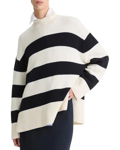 Vince Oversized Striped Roll Neck Pullover In White