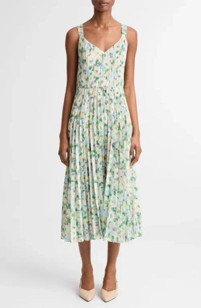 Vince Pleated Painted Garden V-neck Midi Dress In Multi