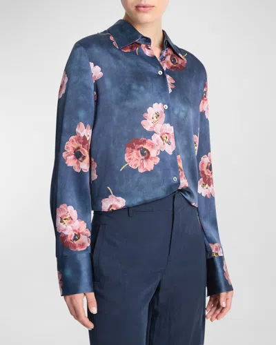 Vince Painted Poppy Long-sleeve Silk Blouse In Blue