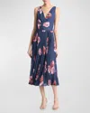 Vince Painted Poppy Pleated Draped Sleeveless V-neck Midi Dress In Marine Night