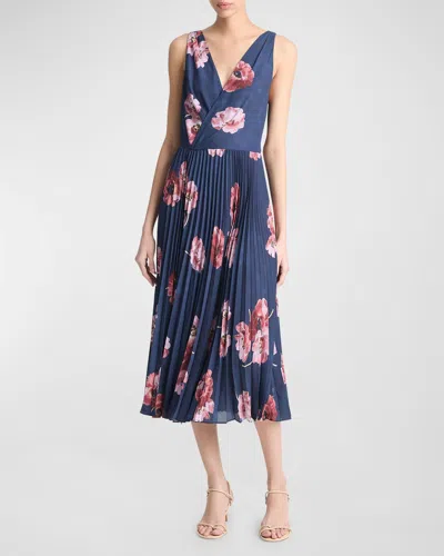 Vince Painted Poppy Pleated Draped Sleeveless V-neck Midi Dress