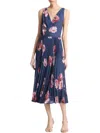 Vince Painted Poppy Pleated Draped Sleeveless V-neck Midi Dress In Multi