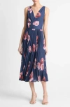 Vince Painted Poppy Pleated Draped Sleeveless V-neck Midi Dress In Marine Night