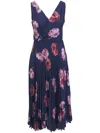 Vince Painted Poppy Pleated Draped Sleeveless V-neck Midi Dress In Blue