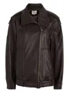 Vince Leather Oversized Biker Jacket Dk Fig In Brown