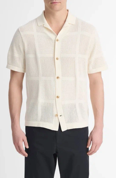 Vince Patchwork Pointelle Short Sleeve Cardigan In Classic Cream