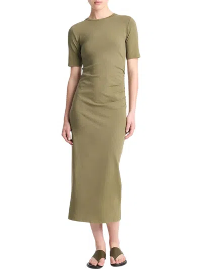 VINCE PIMA COTTON-BLEND SIDE-DRAPE DRESS IN OLIVE SMOKE