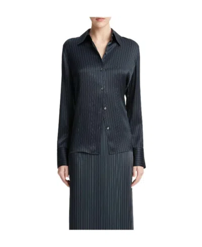 Vince Pinstriped Silk-satin Shirt In Black