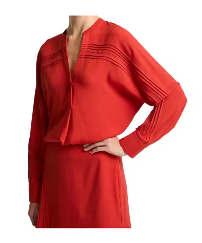 Vince Pintuck Satin Half-placket Blouse In Red