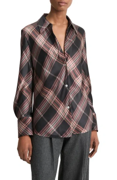 Vince Plaid Bias Cut Silk Button-up Shirt In Black