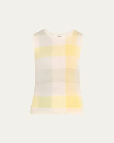 Vince Plaid Crewneck Sleeveless Top In Brown