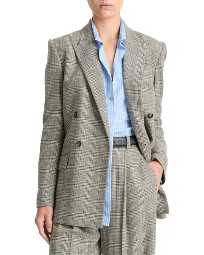 Vince Plaid Double Breasted Wool-blend Blazer In Brown