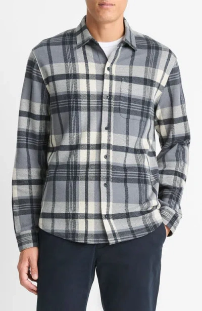 Vince Plaid Knit Shirt Jacket In Beluga Blue Combo