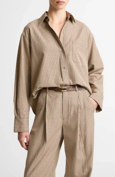 Vince Plaid Oversize Crop Cotton Blend Snap-up Shirt In Brown