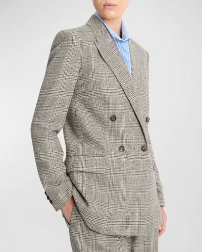Vince Plaid Wool-blend Double-breasted Blazer In Heritage Grey