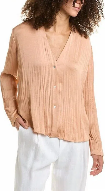 Vince Pleated Crushed V Neck Top Crinkle Satin Button-up Blouse In Orange