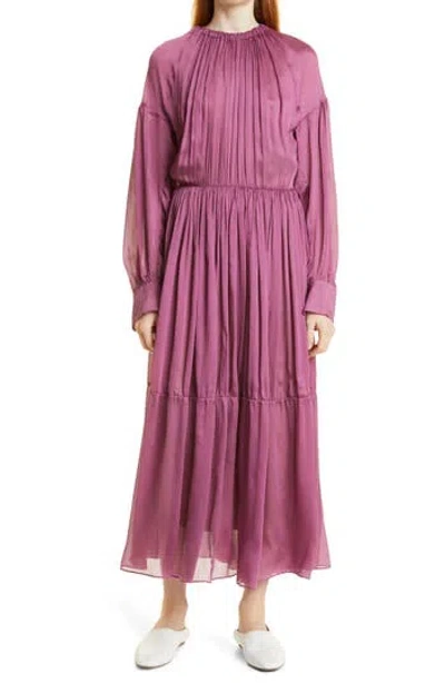 Vince Pleated Long Sleeve Silk Maxi Dress In Pink