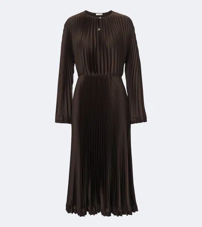 Vince Pleated Long Sleeve Contrast Hem Dress In Brown