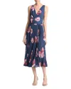 Vince Painted Poppy Pleated Draped Sleeveless V-neck Midi Dress In Marine Night