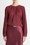 Vince Pleated Neck Silk Blend Top In Burgundy