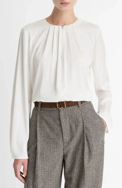 Vince Pleated Neck Long Sleeve Blouse In Off White