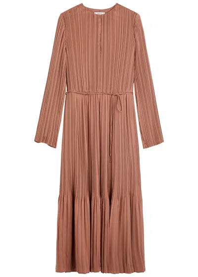 Vince Pleated Satin Midi Dress In Coral