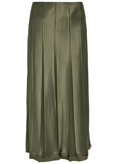 Vince Pleated Satin Midi Skirt In Green