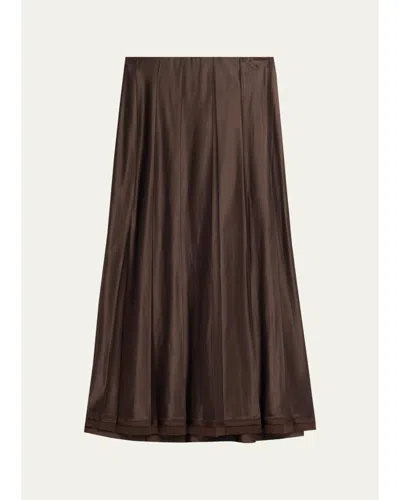 Vince Pleated Satin Midi Skirt In Brown