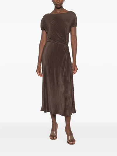 Vince Pleated Twist-detail Midi Dress In Brown