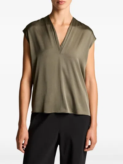 Vince Pleated V-neck Top In Green