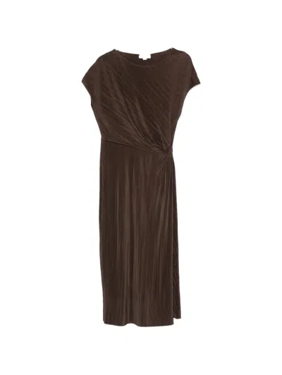 Vince Plissé-effect Midi Dress In Brown
