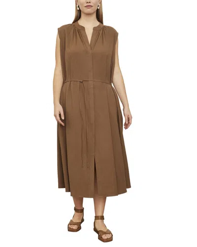 Vince Plus Shirred Band Collar Linen-blend Dress In Brown