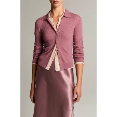 Vince Pointelle Knit Wool Collared Cardigan In Pink