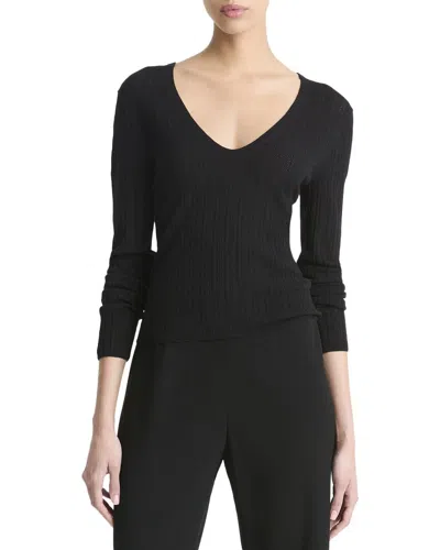 Vince Pointelle Stitch Wool-blend Pullover In Black