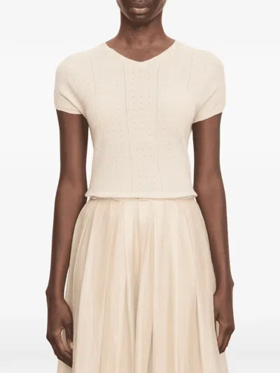 Vince Pointelle-knit V-neck Sweater In Neutral