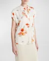 Vince Printed Split Neck Silk Top In Cream Dusk
