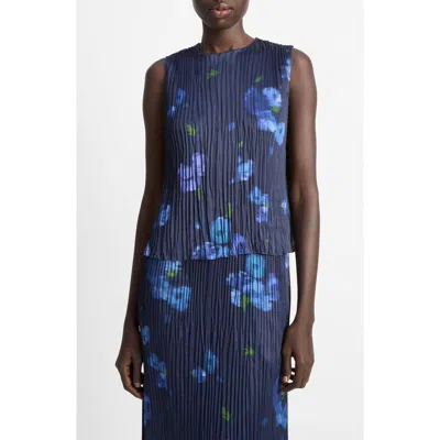 Vince Poppy Blur Crushed Pleated Sleeveless Top In Blue