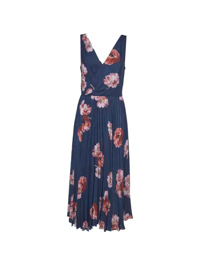 Pre-owned Vince Poppy-print Pleated Midi Dress In Blue