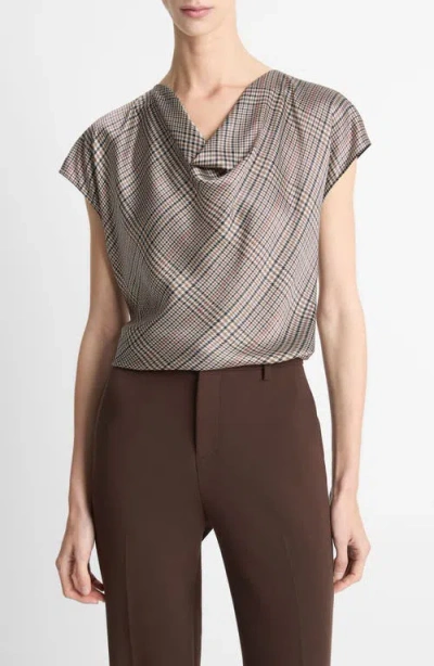 VINCE VINCE PRESSED PLAID COWL NECK SILK TOP